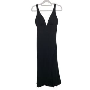 Katie May Black Deep V-Neck Side Slit Black Gown Dress